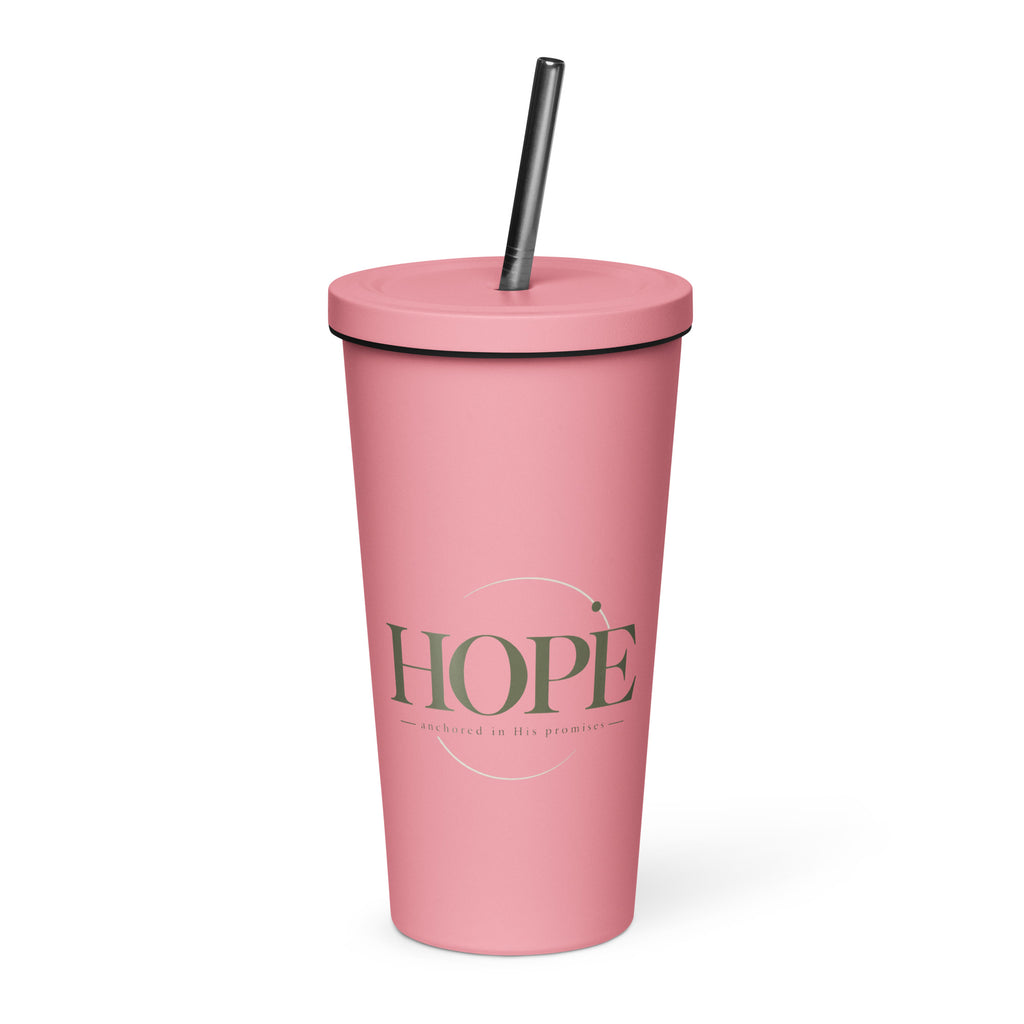 Hope — Anchored in His Promises Tumbler in Pink, 20 oz, Front