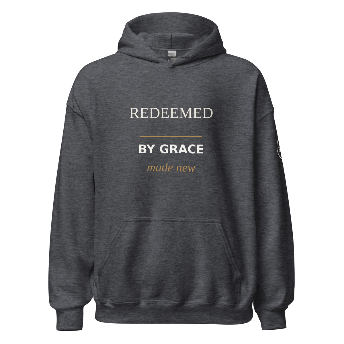 Redeemed — By Grace Hoodie in Dark Heather, front view